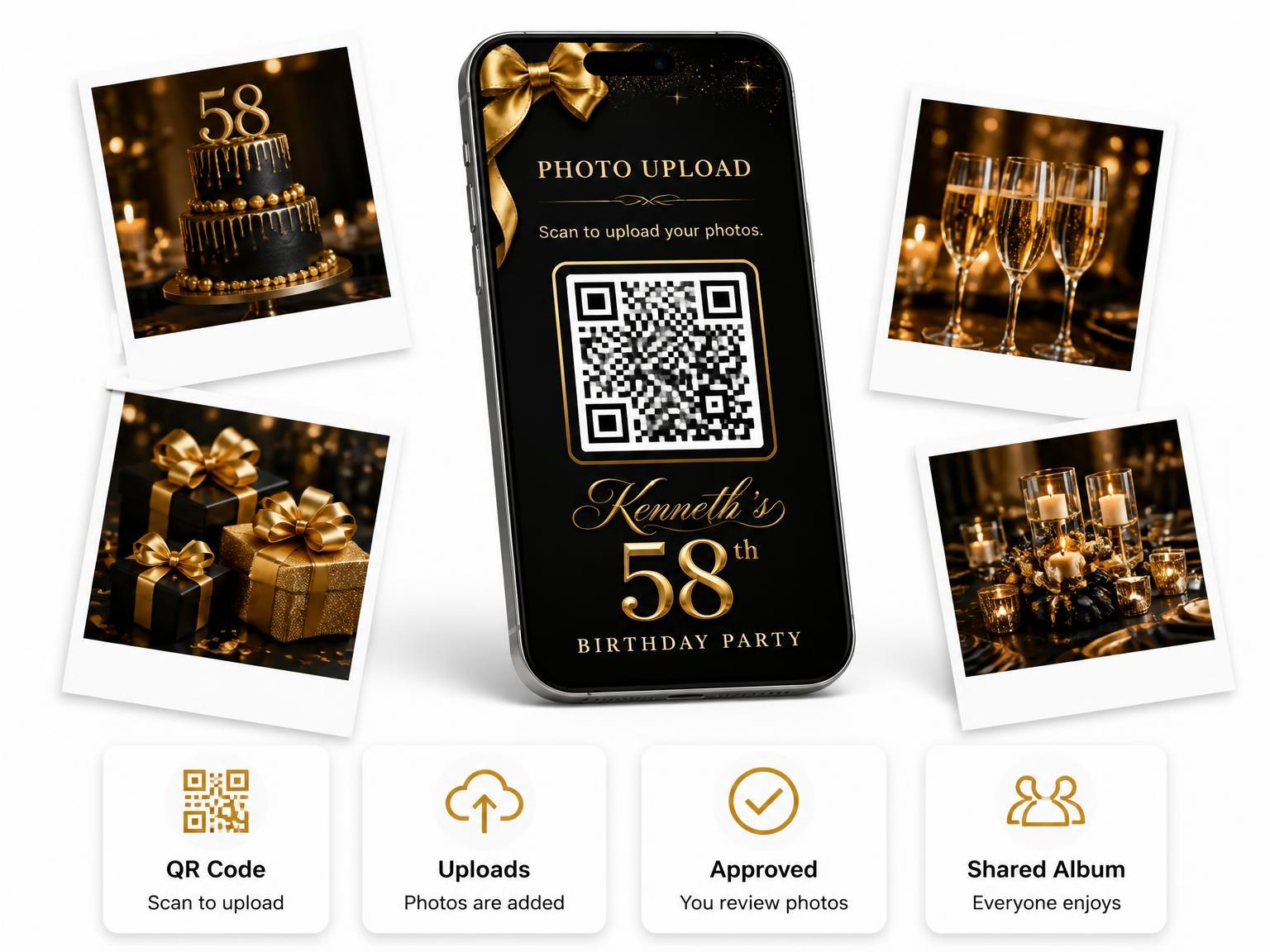 The shared photo gallery that comes with the Black and Gold Ribbon 58th Birthday Invitation invitation