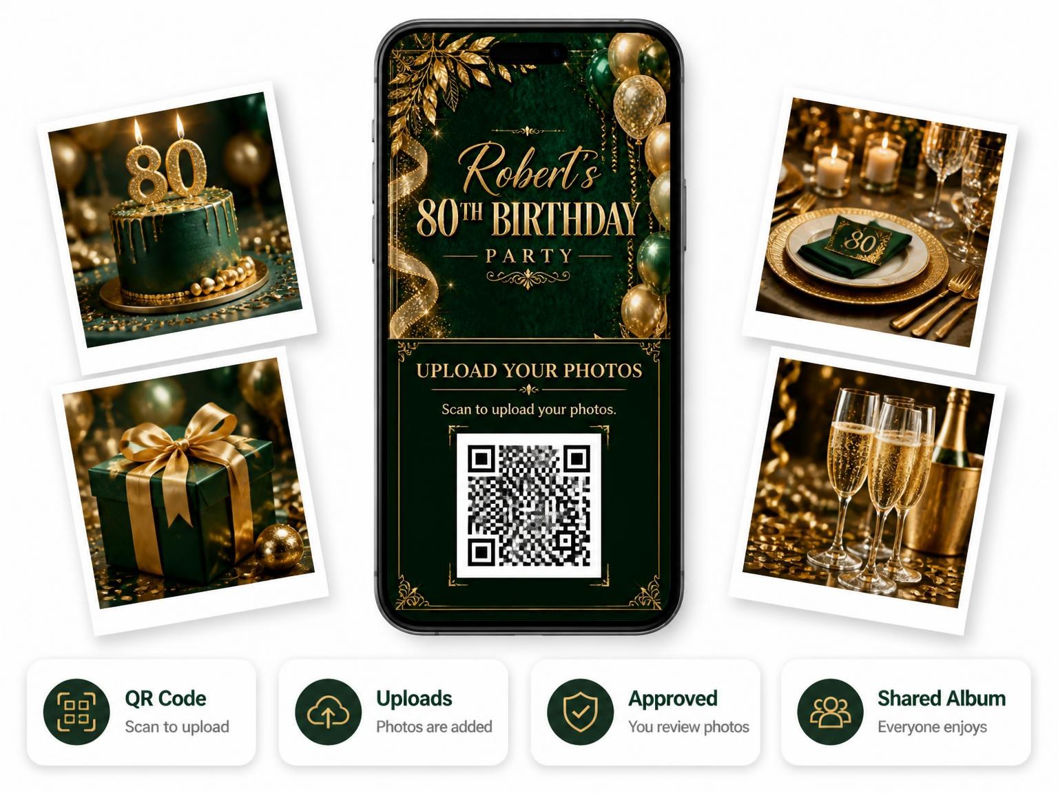 The shared photo gallery that comes with the Emerald and Champagne 80th Birthday Invitation invitation