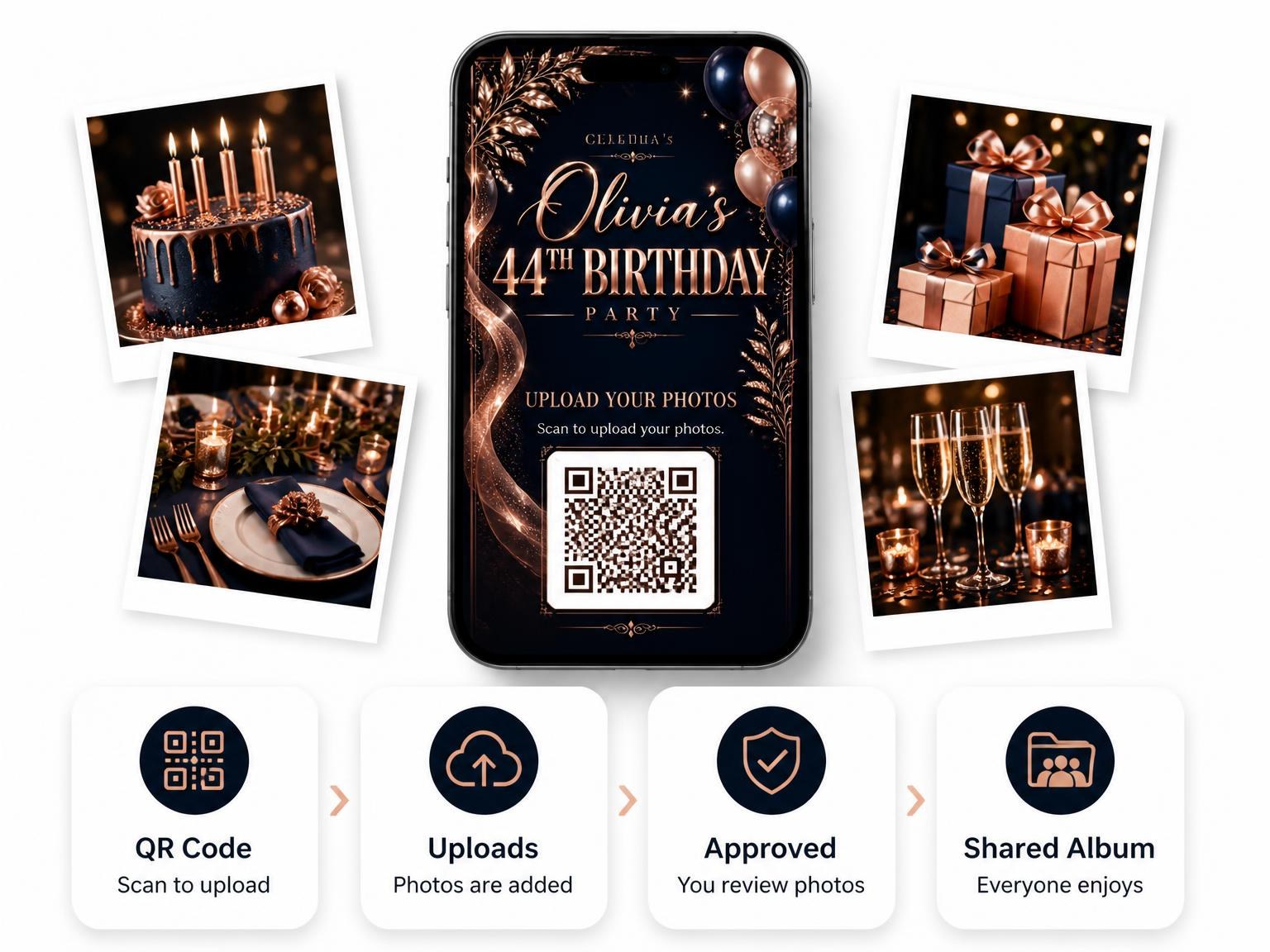 The shared photo gallery that comes with the Navy and Rose Gold 44th Birthday Invitation invitation