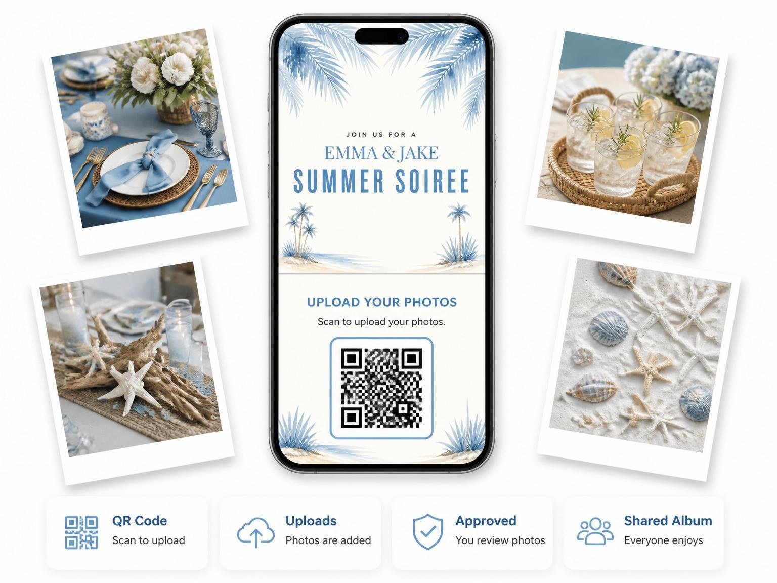 The shared photo gallery that comes with the Blue Watercolor Palm Summer Soiree invitation