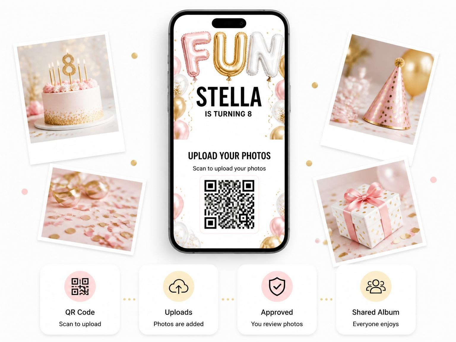 The shared photo gallery that comes with the Metallic Balloon 8th Birthday Invitation invitation