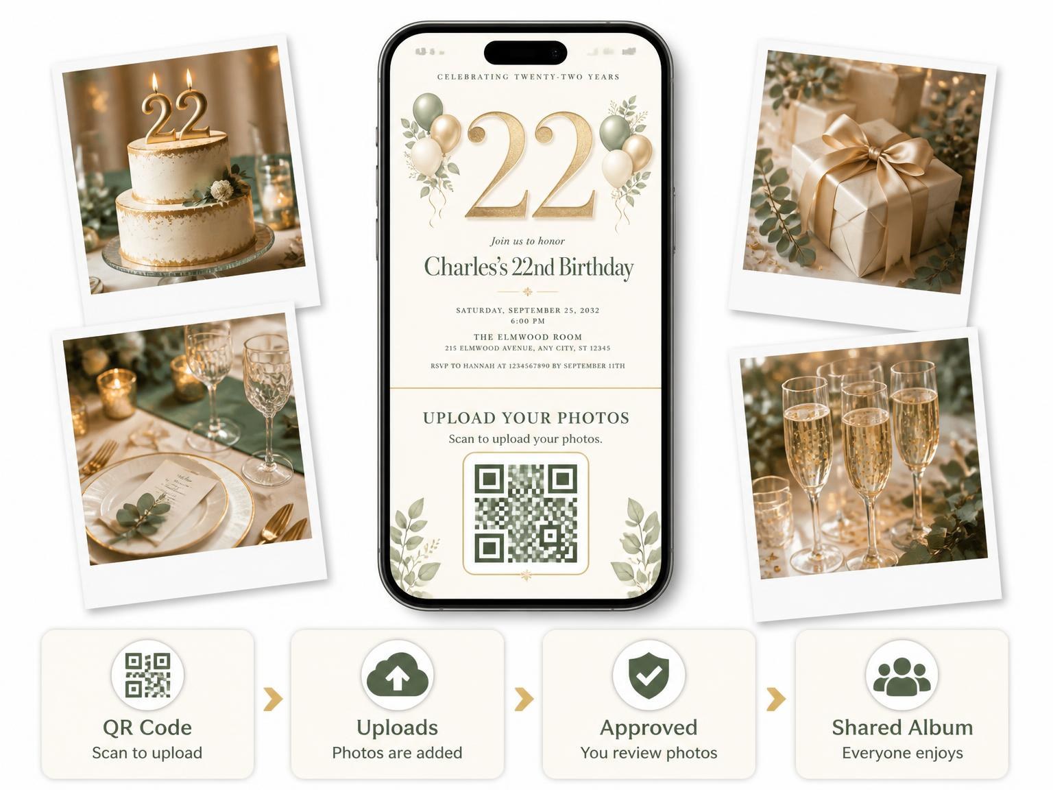 The shared photo gallery that comes with the Sage and Ivory 22nd Birthday Invitation invitation