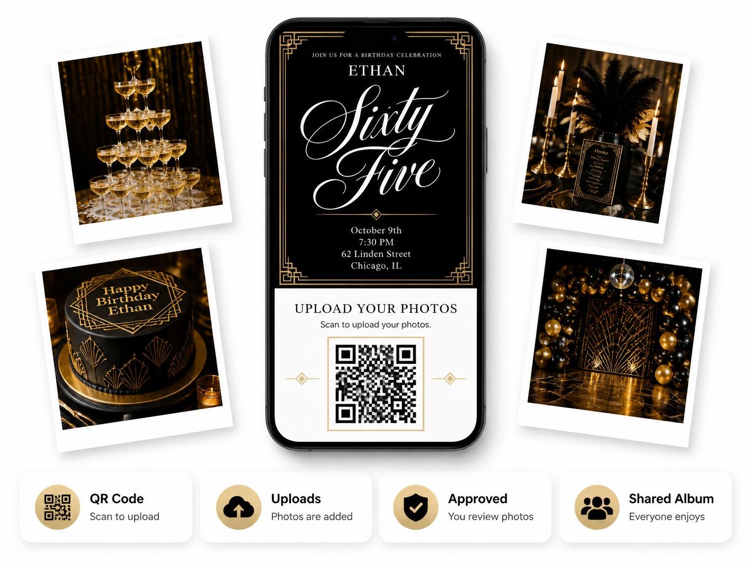 The shared photo gallery that comes with the Art Deco 65th Birthday Invitation invitation