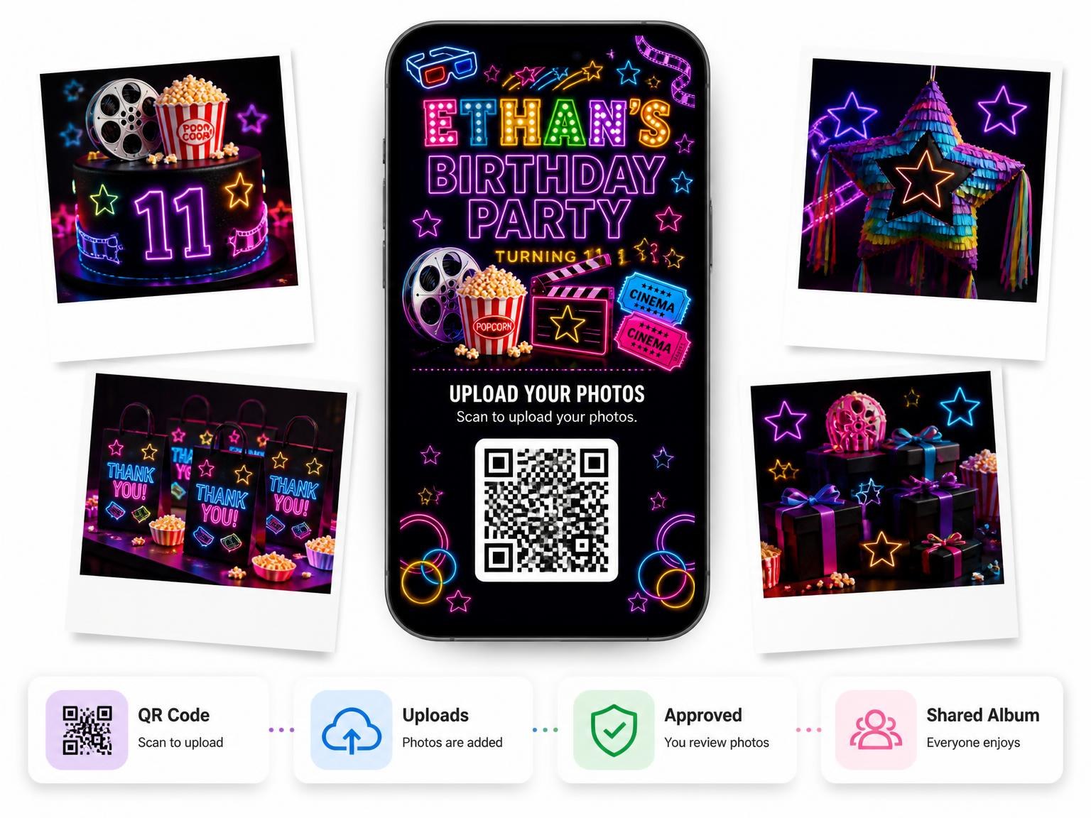 The shared photo gallery that comes with the Neon Movie Night 11th Birthday Invitation invitation