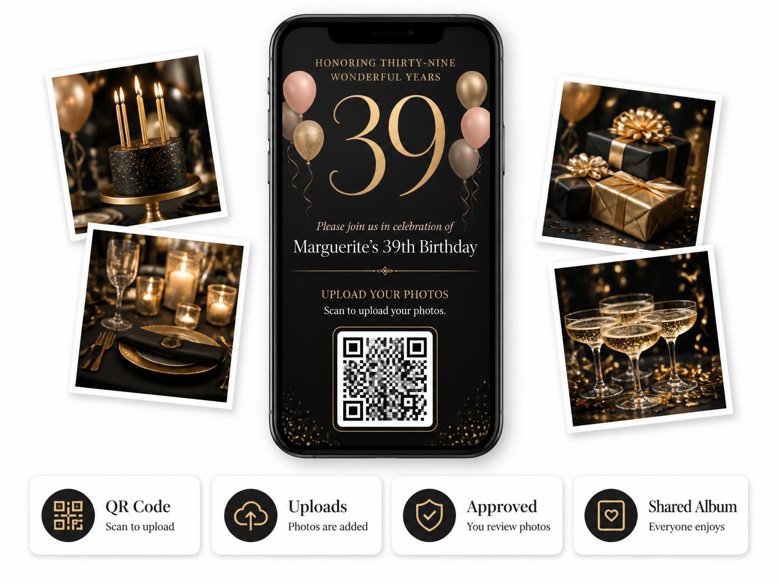 The shared photo gallery that comes with the Charcoal and Blush 39th Birthday Invitation invitation