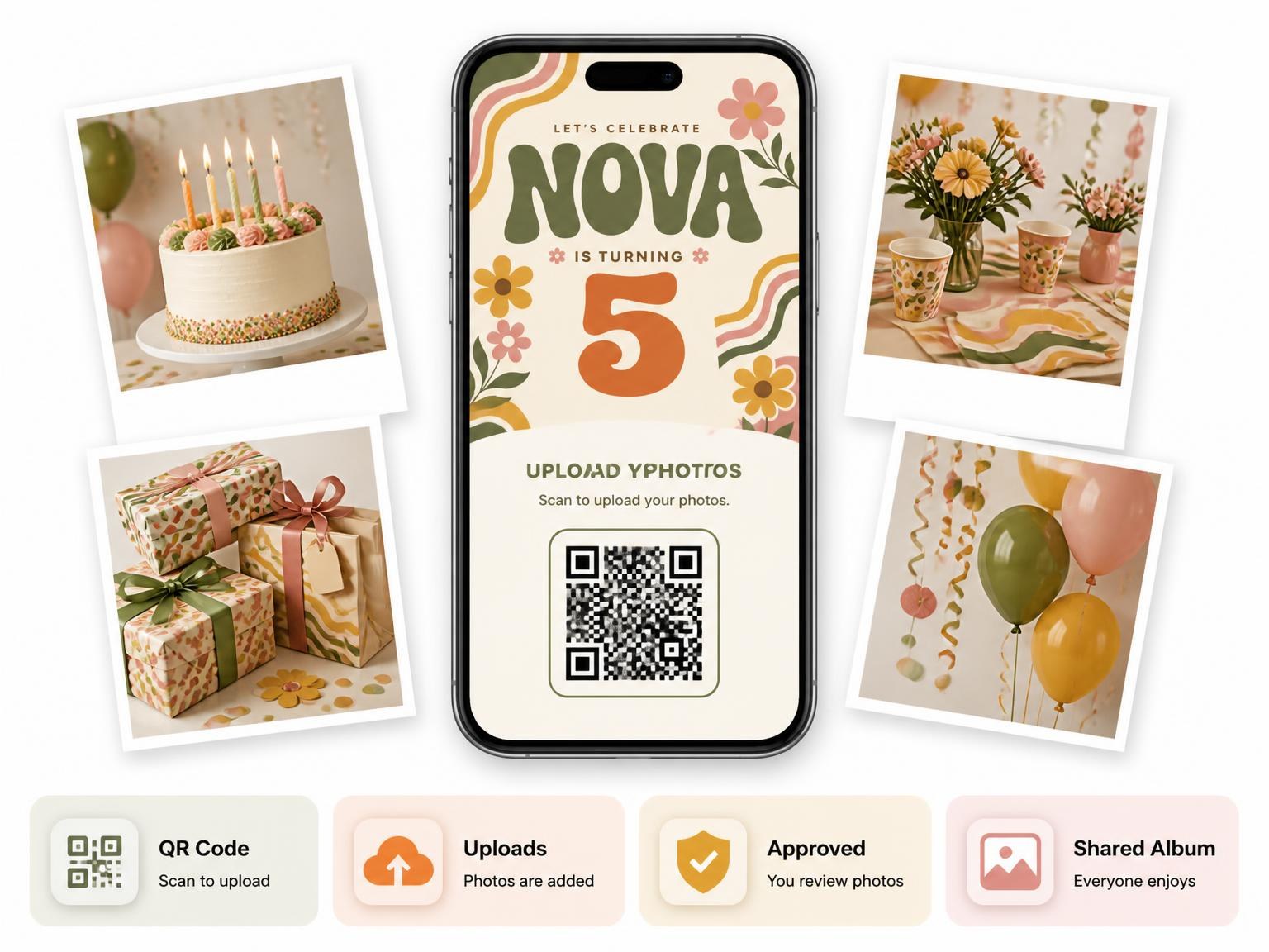 The shared photo gallery that comes with the Groovy Retro 5th Birthday Invitation invitation