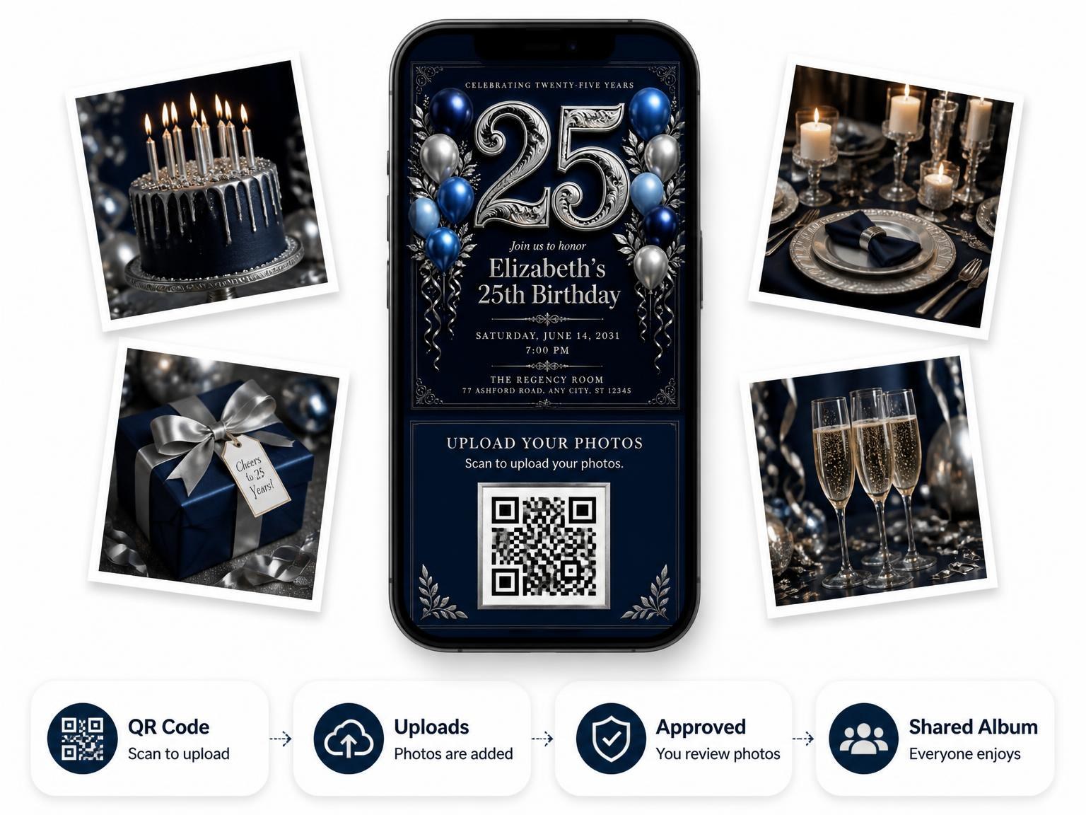 The shared photo gallery that comes with the Navy and Silver 25th Birthday Invitation invitation