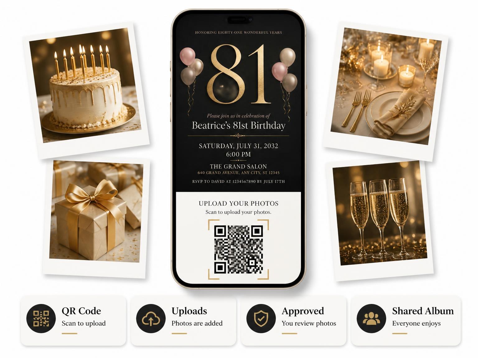 The shared photo gallery that comes with the Charcoal and Blush 81st Birthday Invitation invitation