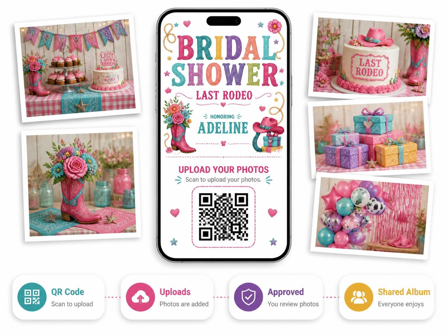 The shared photo gallery that comes with the Floral Cowgirl Boot Bridal Shower Invitation invitation