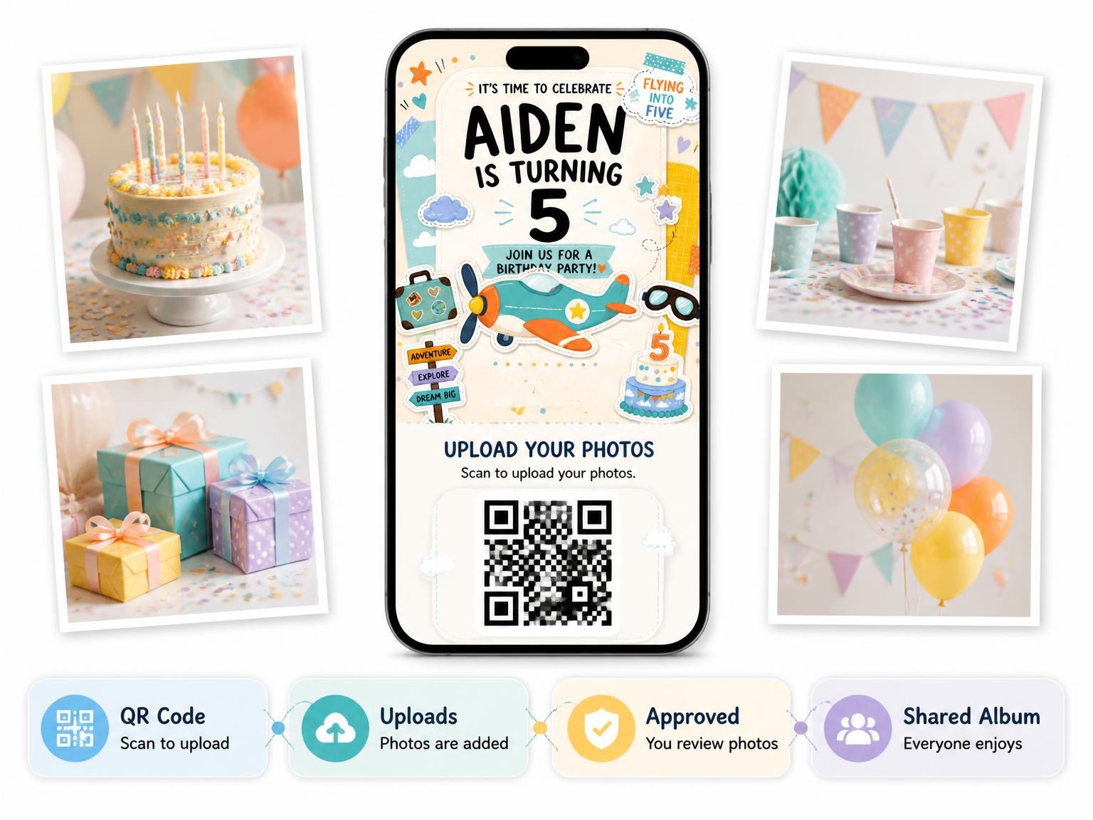 The shared photo gallery that comes with the Propeller Airplane 5th Birthday Invitation invitation