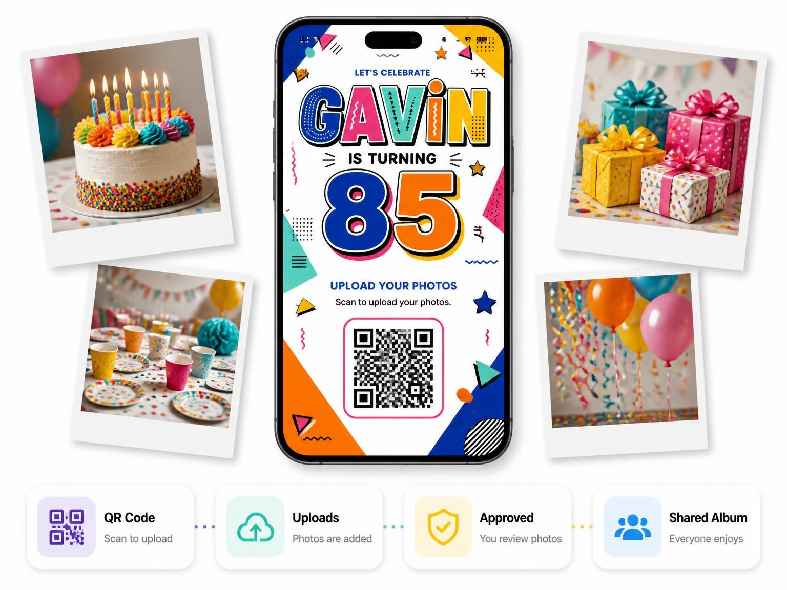 The shared photo gallery that comes with the Memphis Pop 85th Birthday Invitation invitation