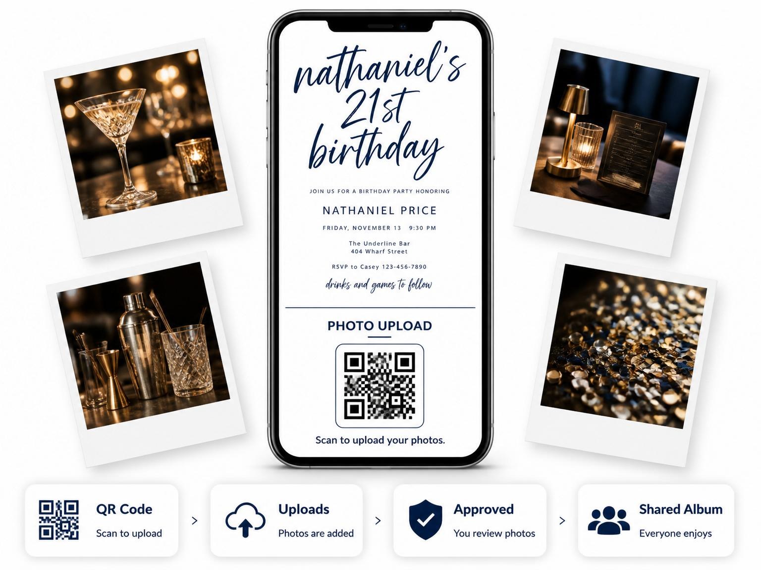 The shared photo gallery that comes with the Navy Brush Script 21st Birthday Invitation invitation