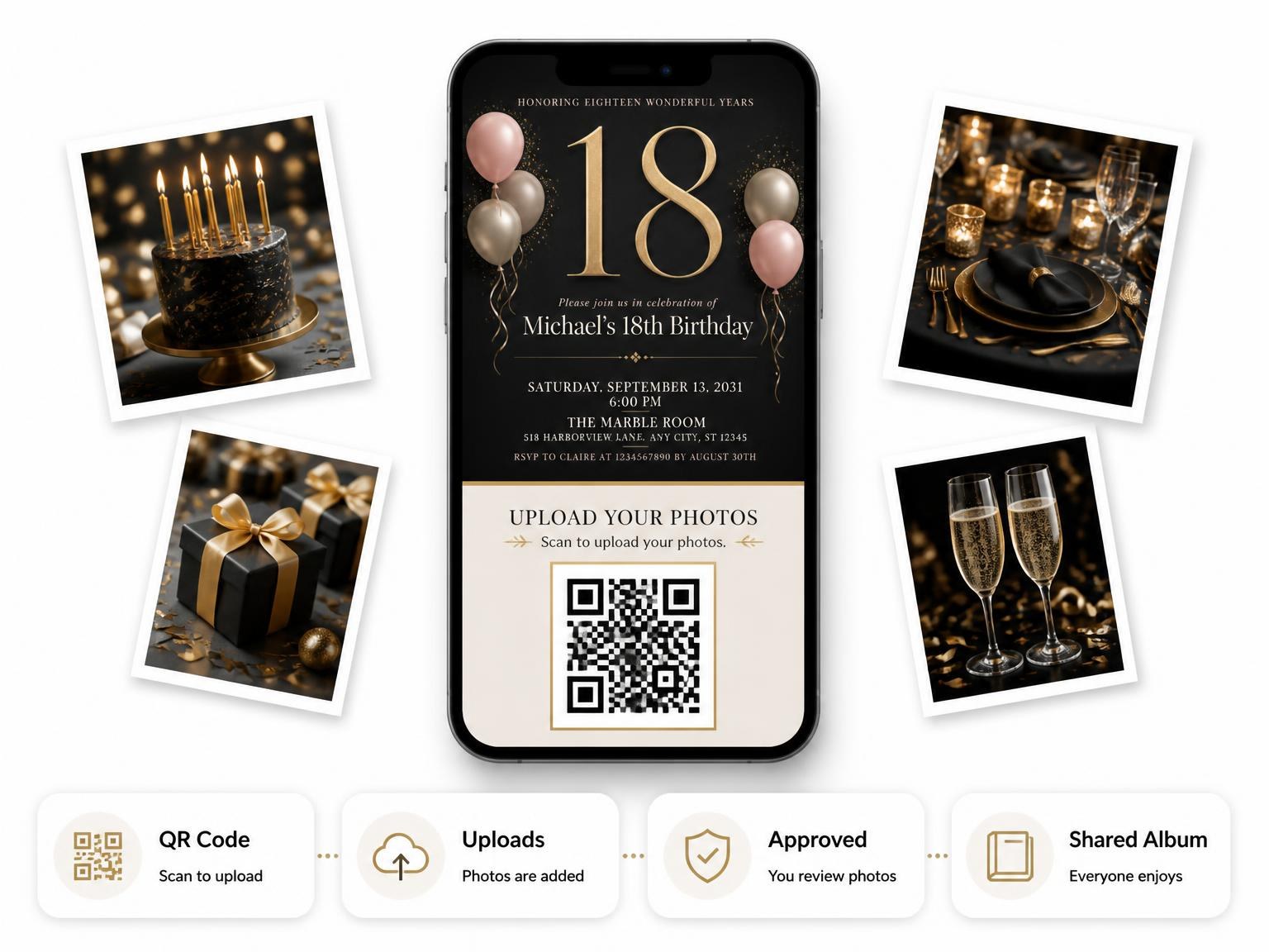 The shared photo gallery that comes with the Charcoal and Blush 18th Birthday Invitation invitation