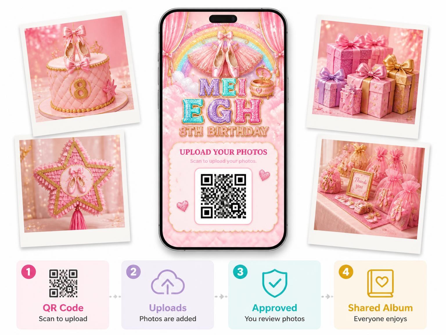 The shared photo gallery that comes with the Glitter Ballet 8th Birthday Invitation invitation