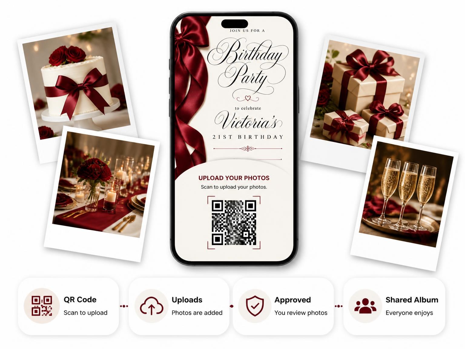 The shared photo gallery that comes with the Burgundy Satin Bow 21st Birthday Invitation invitation