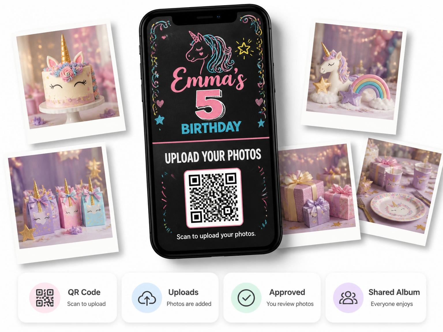 The shared photo gallery that comes with the Chalkboard Pastel Unicorn 5th Birthday Invite invitation