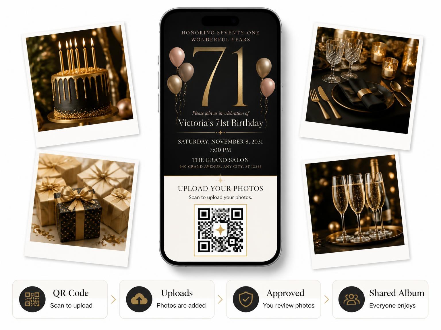 The shared photo gallery that comes with the Charcoal and Blush 71st Birthday Invitation invitation