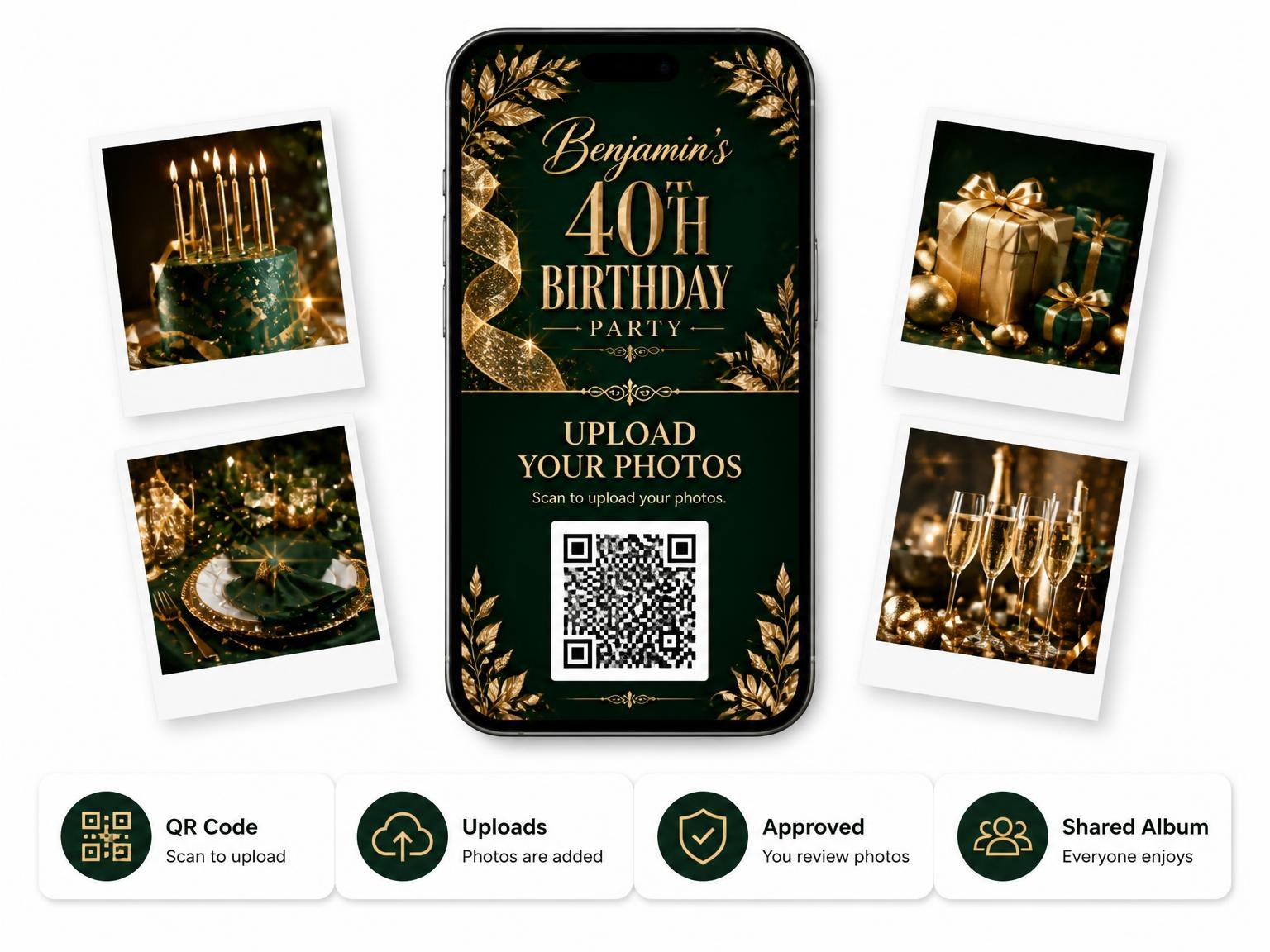 The shared photo gallery that comes with the Emerald and Champagne 40th Birthday Invitation invitation