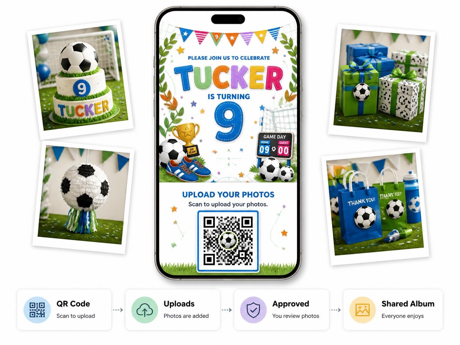 The shared photo gallery that comes with the Stitched Soccer 9th Birthday Invitation invitation