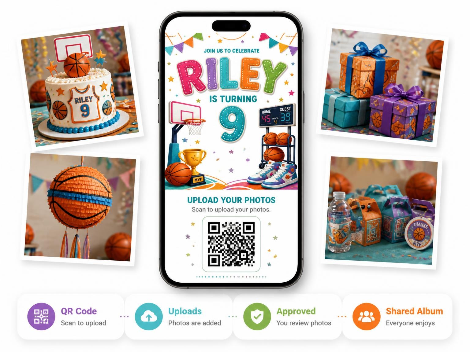 The shared photo gallery that comes with the Stitched Basketball 9th Birthday Invitation invitation