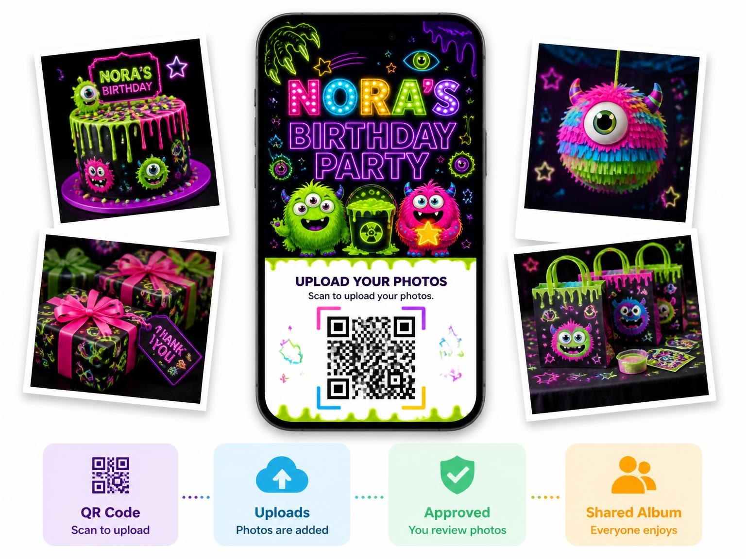 The shared photo gallery that comes with the Neon Monster 14th Birthday Invitation invitation