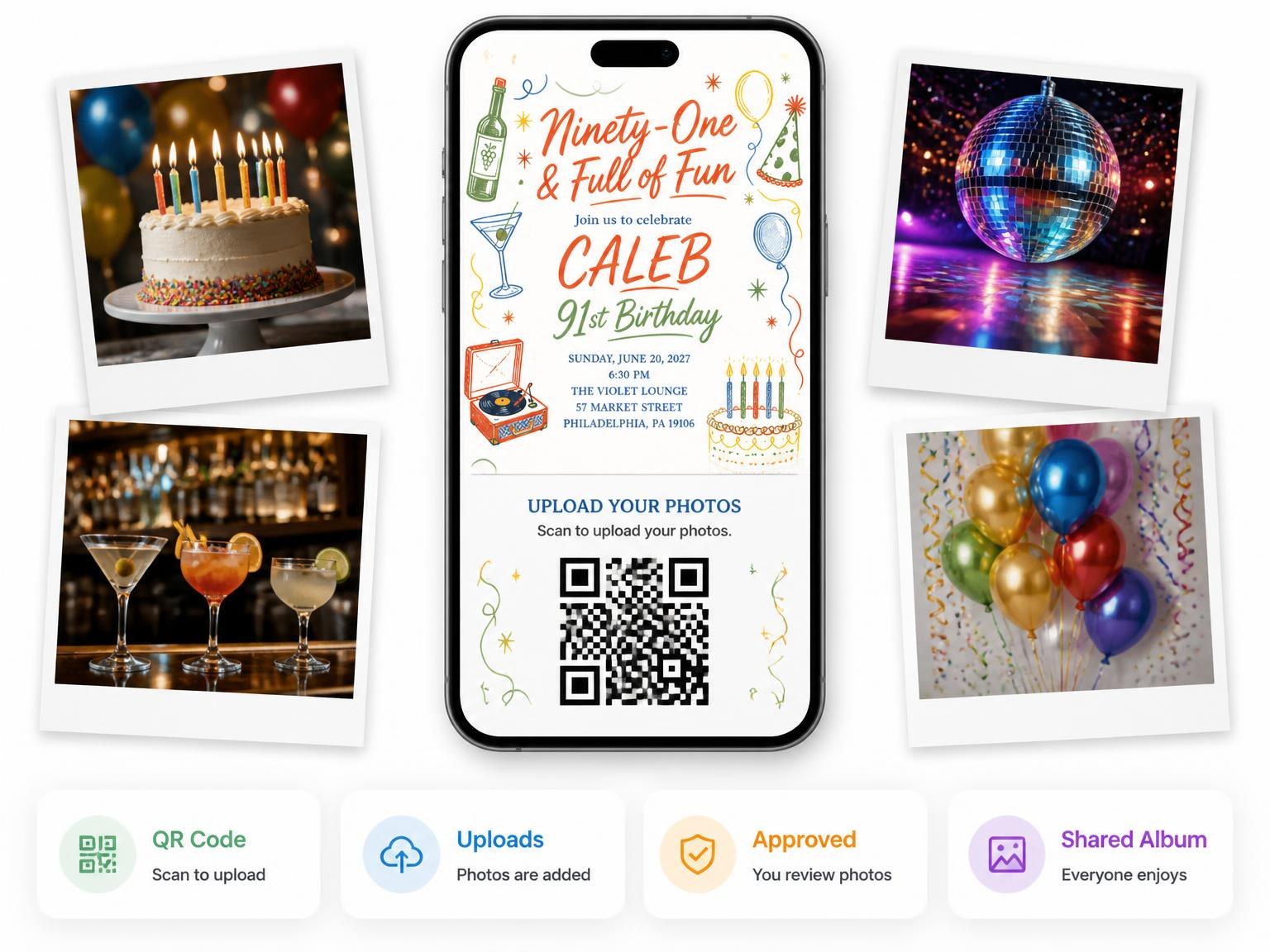 The shared photo gallery that comes with the Retro Doodle 91st Birthday Invitation invitation