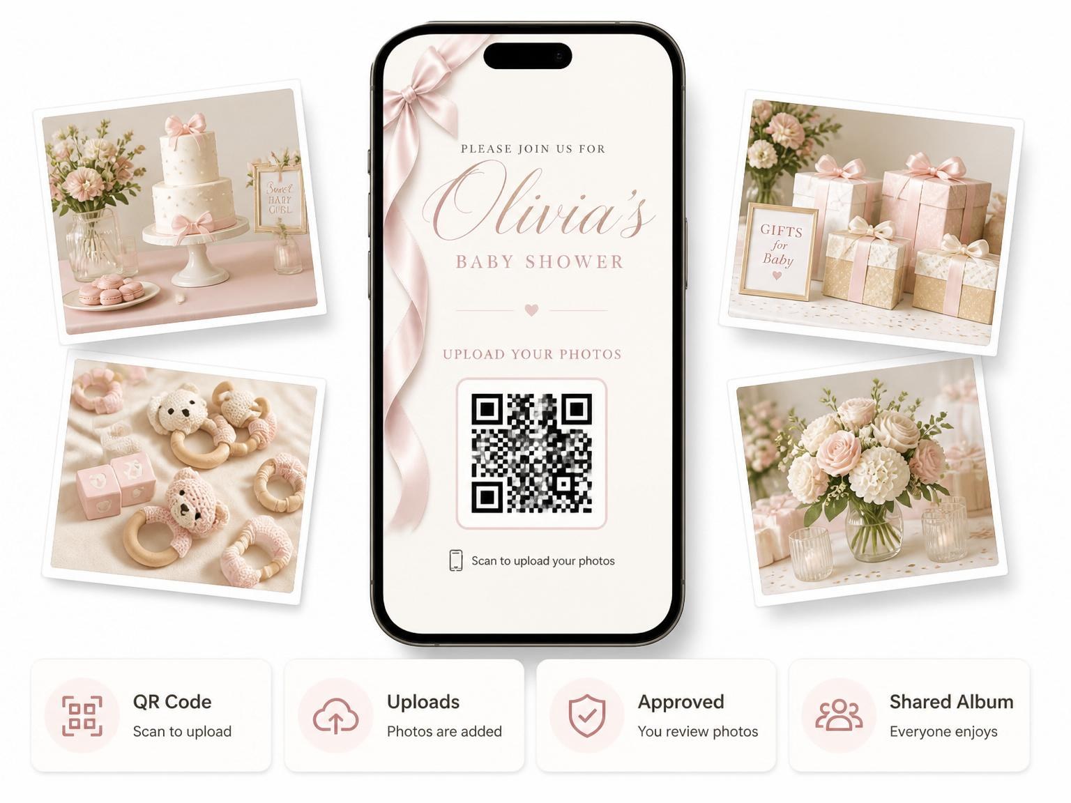 The shared photo gallery that comes with the Dusty Rose Silk Ribbon Baby Shower invitation