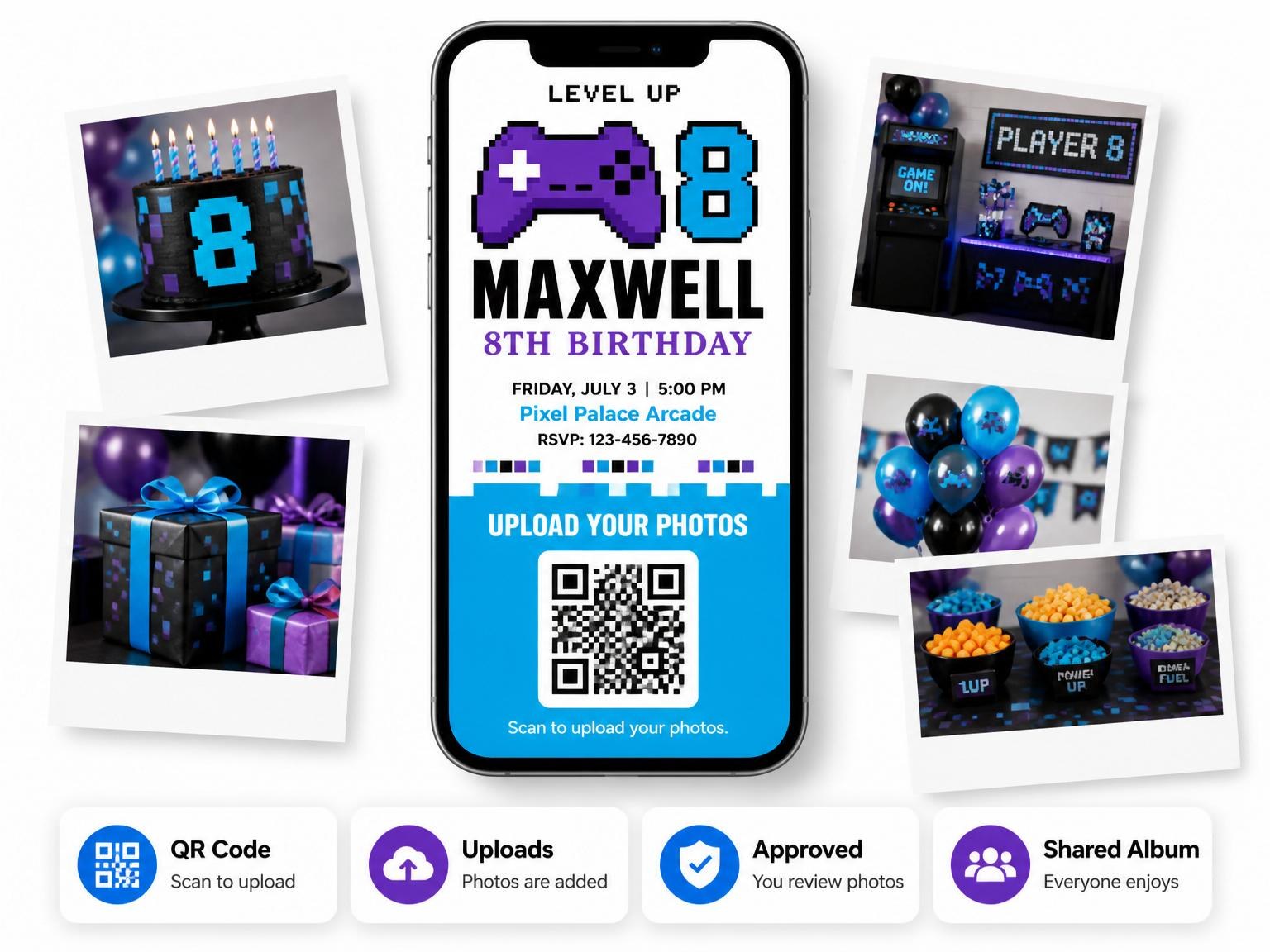 The shared photo gallery that comes with the Purple Cyan Pixel Arcade 8th Birthday invitation