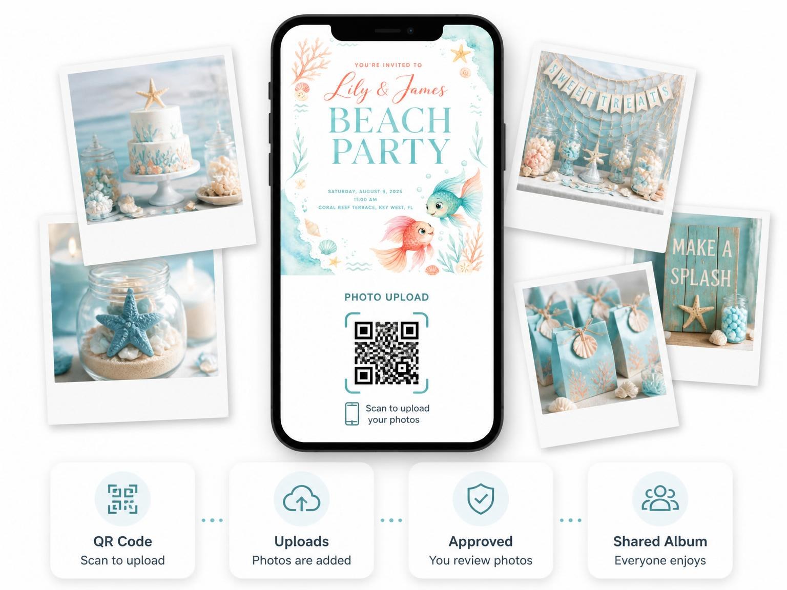 The shared photo gallery that comes with the Watercolor Fish Coral Beach Party invitation