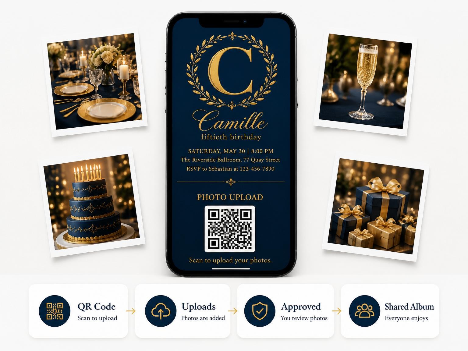 The shared photo gallery that comes with the Navy and Gold Monogram 50th Birthday invitation