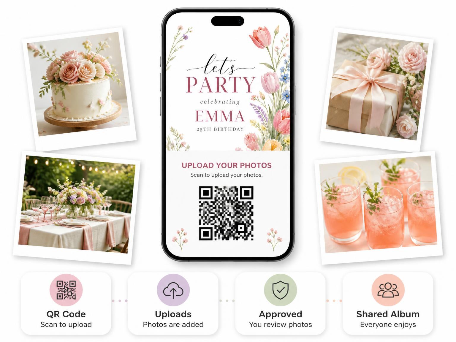The shared photo gallery that comes with the Pastel Tulip 25th Birthday Invitation invitation