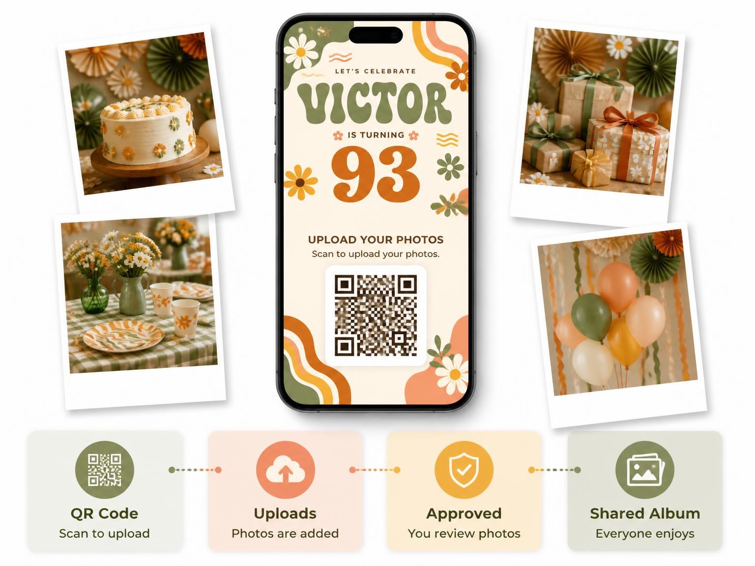 The shared photo gallery that comes with the Groovy Retro 93rd Birthday Invitation invitation