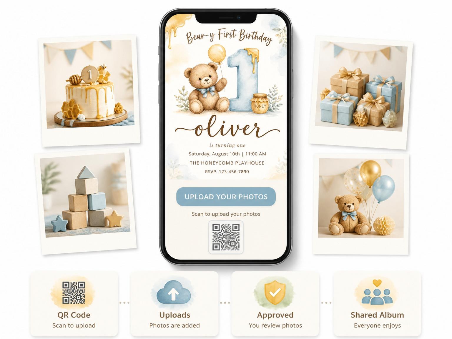 The shared photo gallery that comes with the Watercolor Teddy Bear 1st Birthday invitation