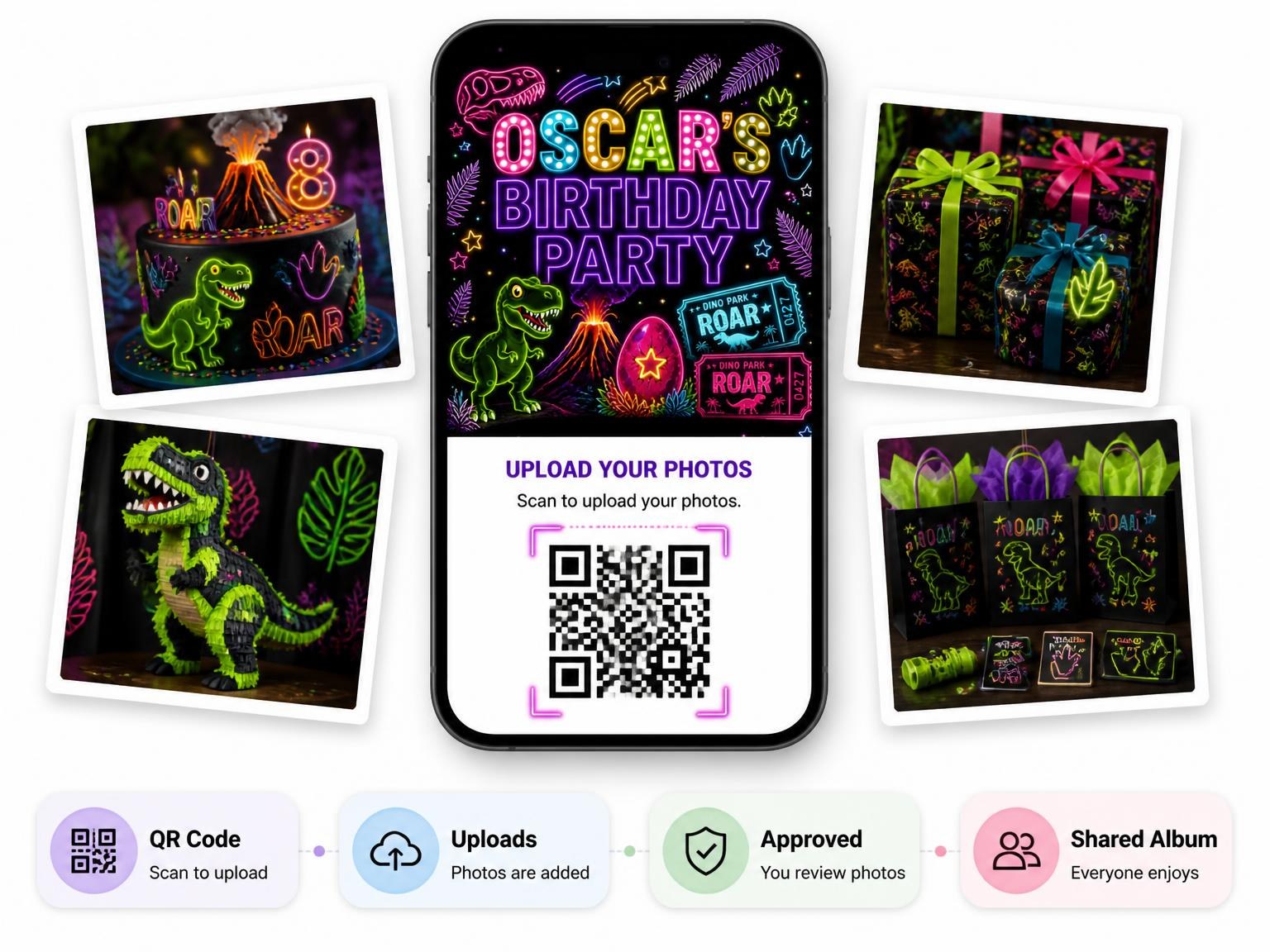 The shared photo gallery that comes with the Neon Dinosaur 18th Birthday Invitation invitation