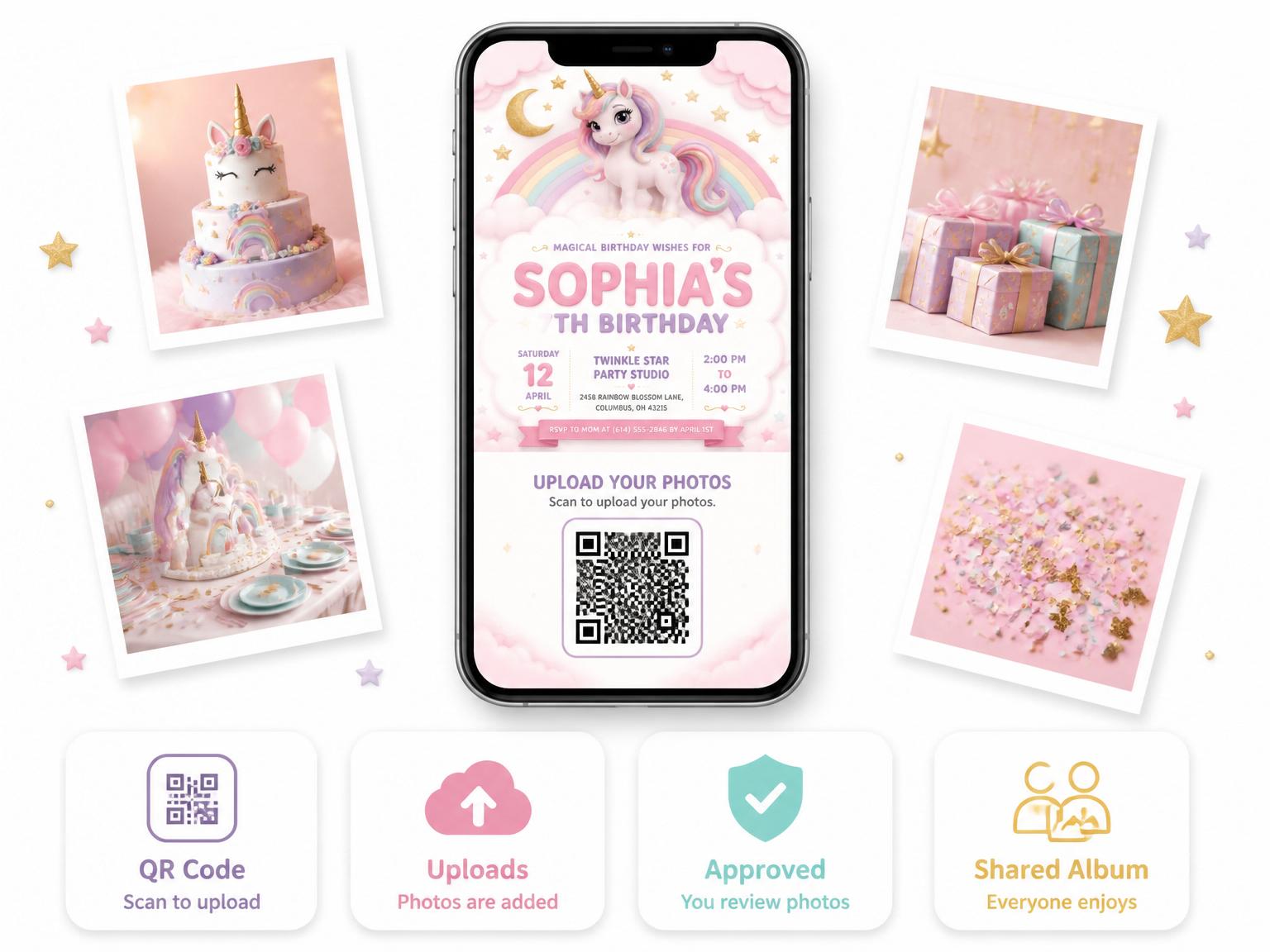 The shared photo gallery that comes with the Magical Rainbow Unicorn 7th Birthday Celebration invitation