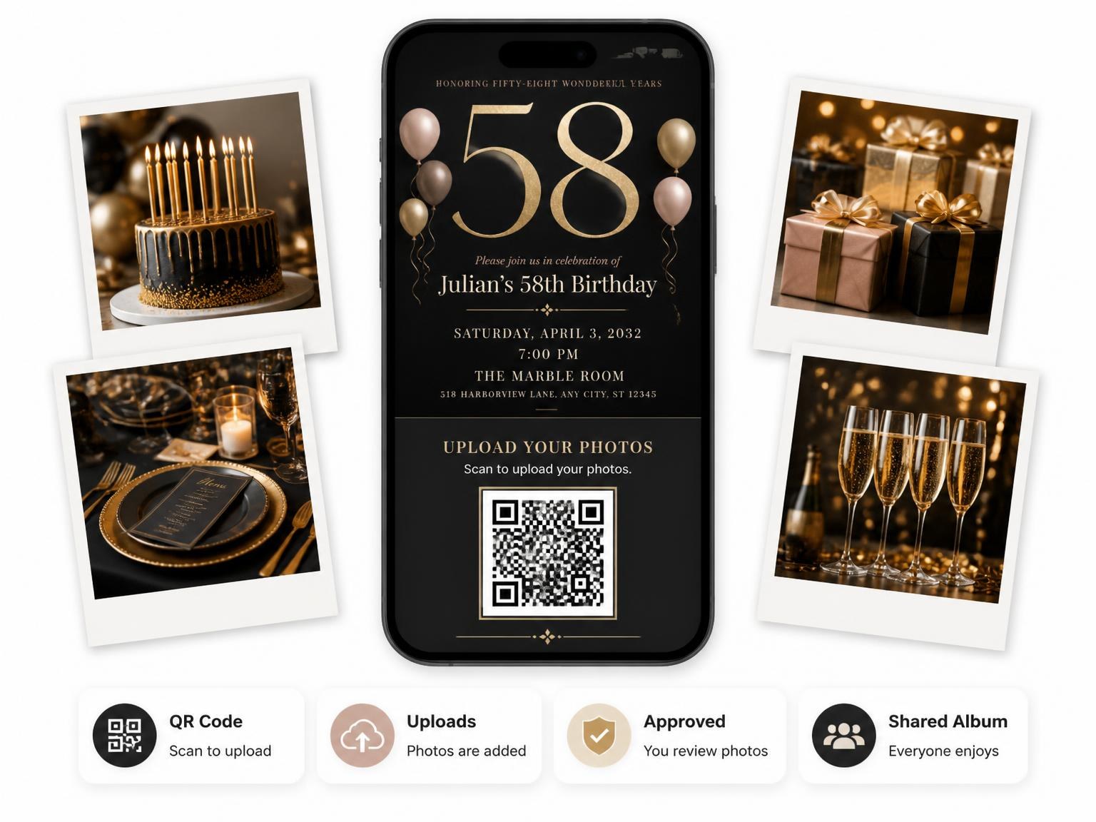 The shared photo gallery that comes with the Charcoal and Blush 58th Birthday Invitation invitation