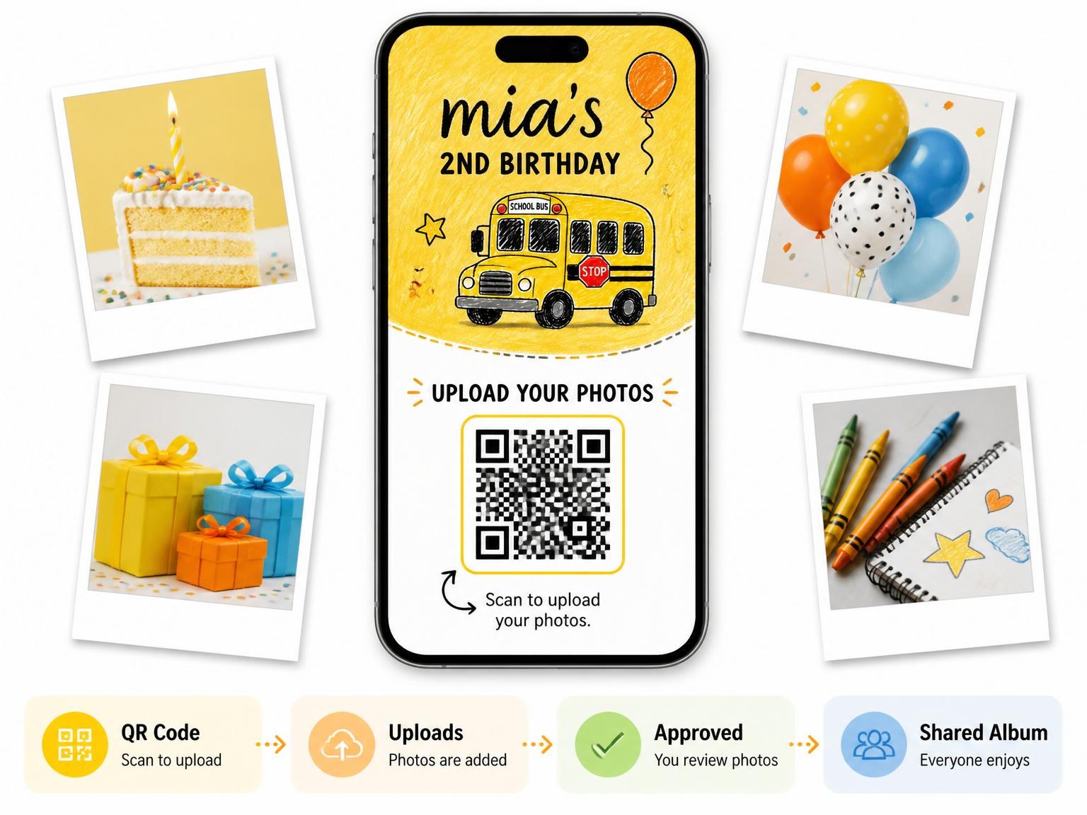 The shared photo gallery that comes with the Crayon School Bus Birthday Invitation invitation