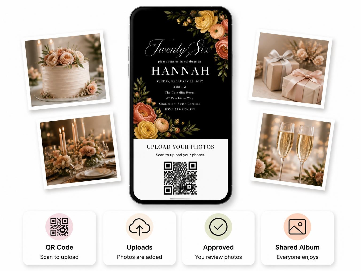 The shared photo gallery that comes with the Black Floral 26th Birthday Invitation invitation