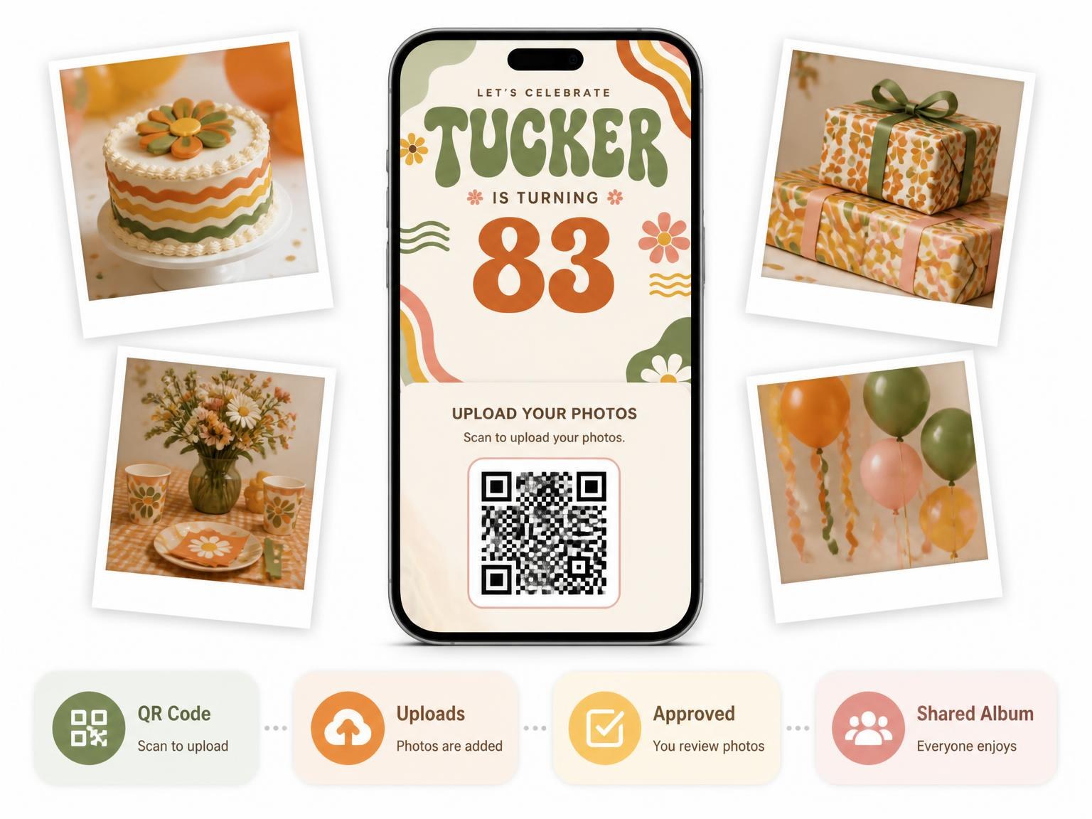 The shared photo gallery that comes with the Groovy Retro 83rd Birthday Invitation invitation