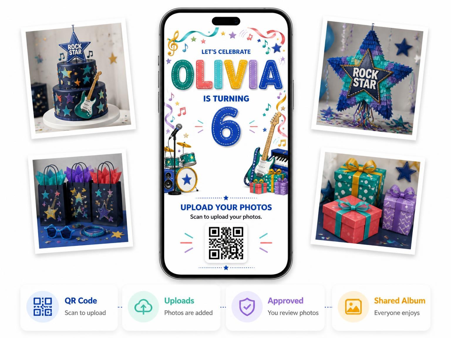 The shared photo gallery that comes with the Stitched Rock Star 6th Birthday Invitation invitation