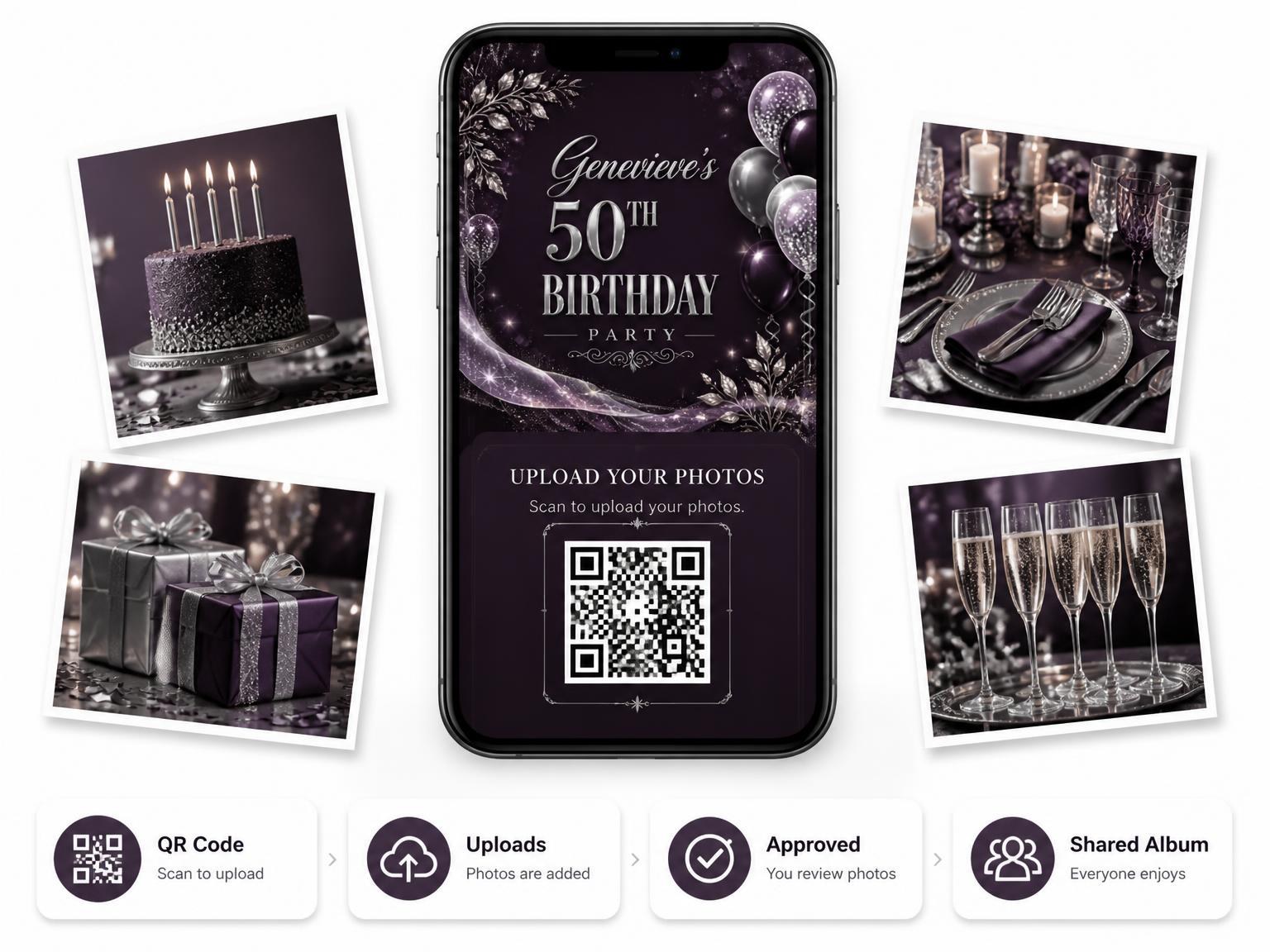 The shared photo gallery that comes with the Plum and Silver 50th Birthday Invitation invitation