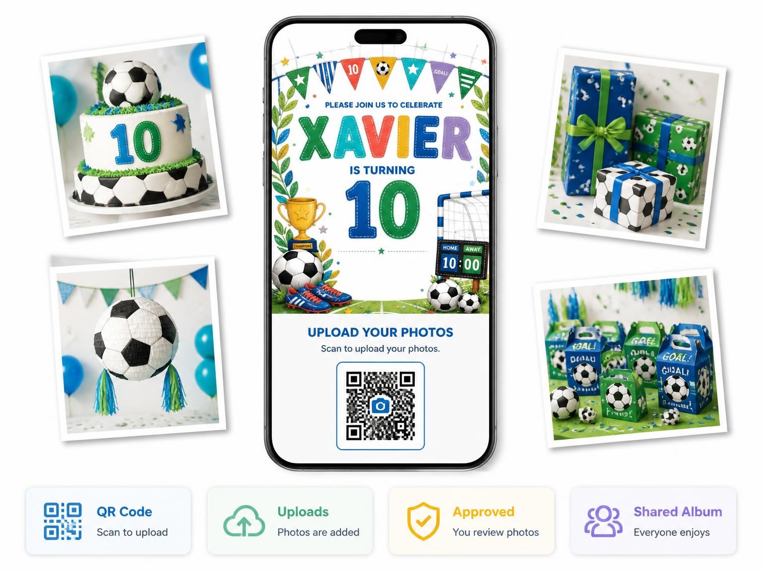 The shared photo gallery that comes with the Stitched Soccer 10th Birthday Invitation invitation