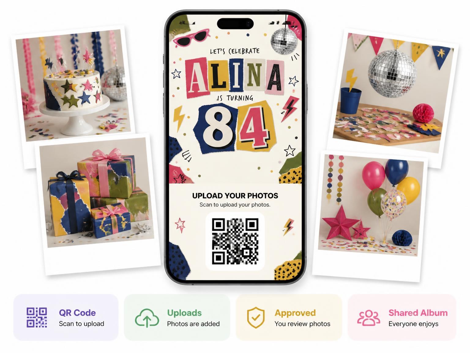 The shared photo gallery that comes with the Retro Paper Collage 84th Birthday Invitation invitation