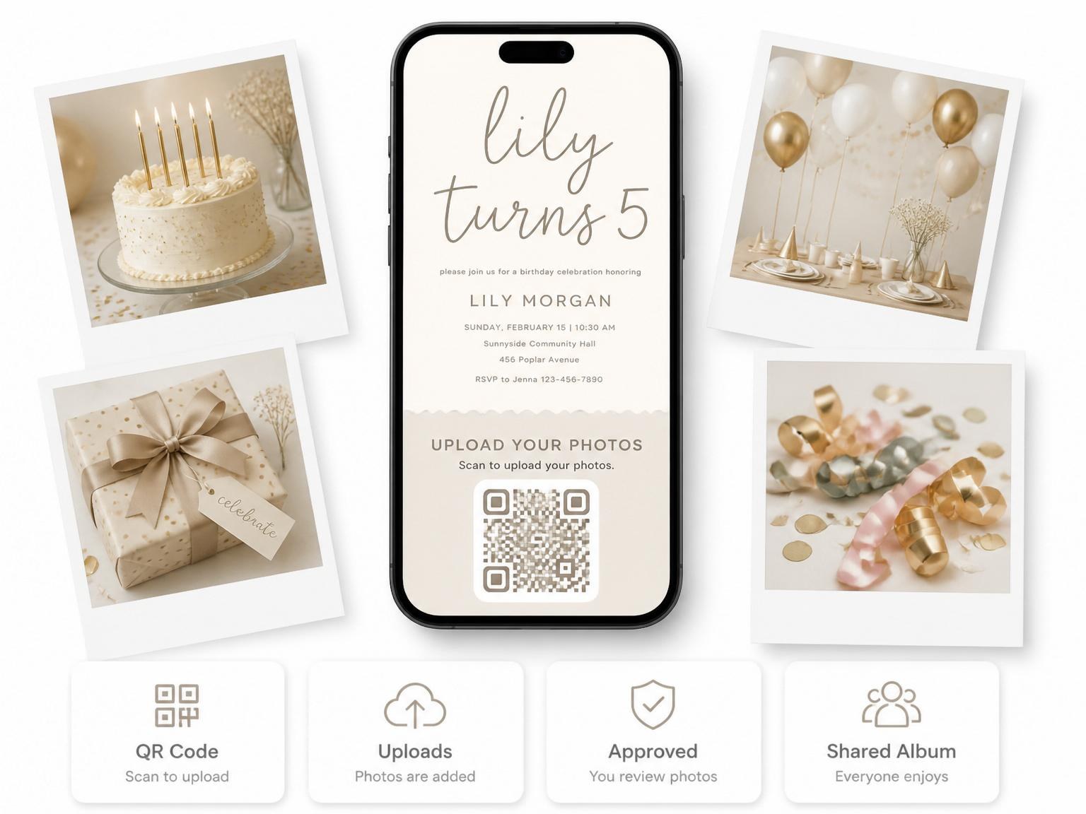 The shared photo gallery that comes with the Minimalist Taupe Hand-Lettered 5th Birthday Invitation invitation