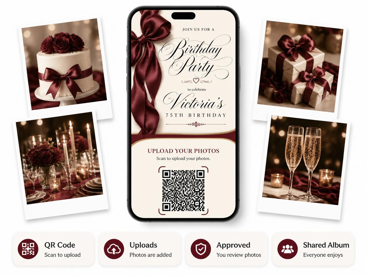 The shared photo gallery that comes with the Burgundy Satin Bow 75th Birthday Invitation invitation