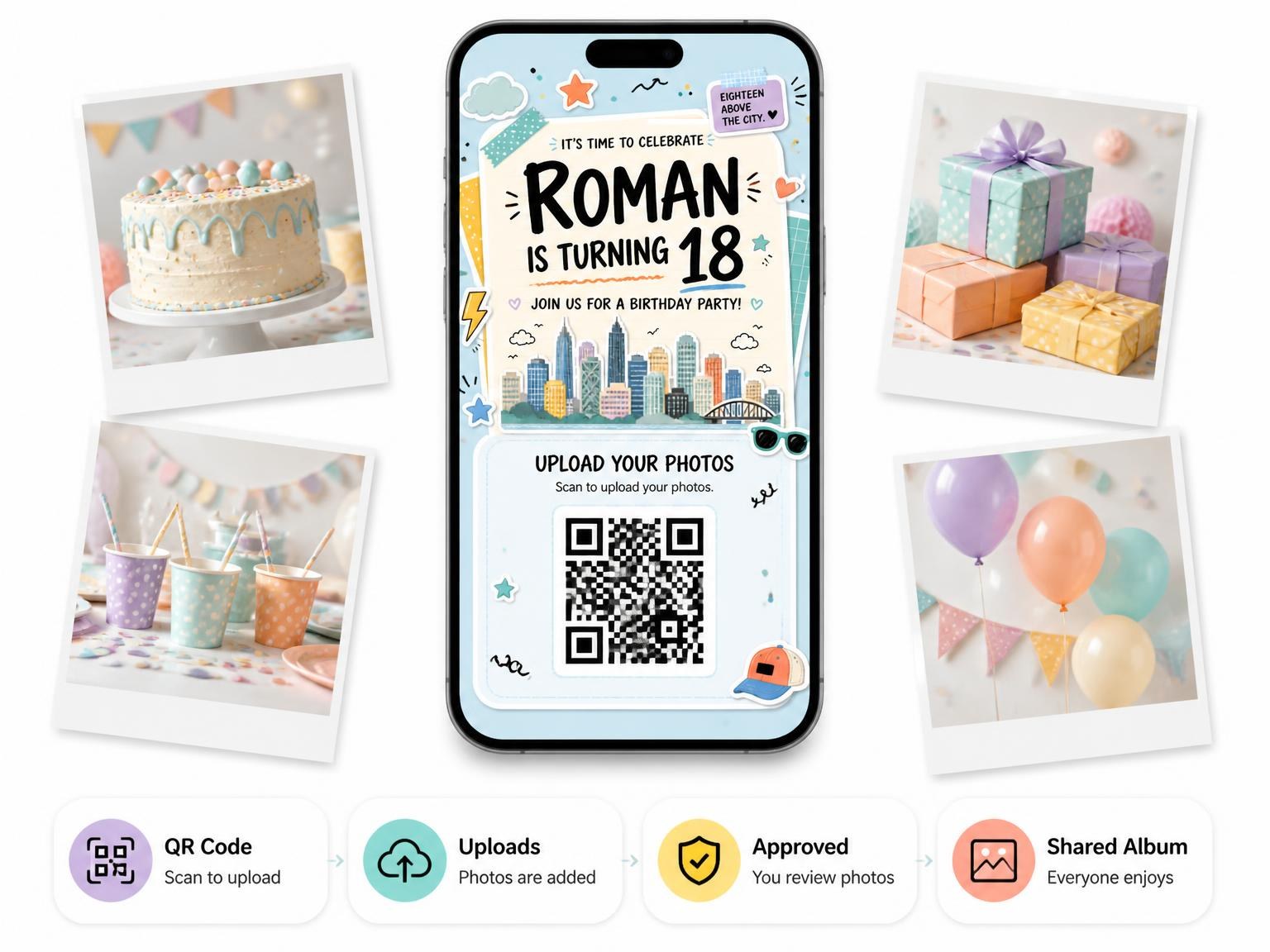 The shared photo gallery that comes with the City Skyline Pastel 18th Birthday Invitation invitation