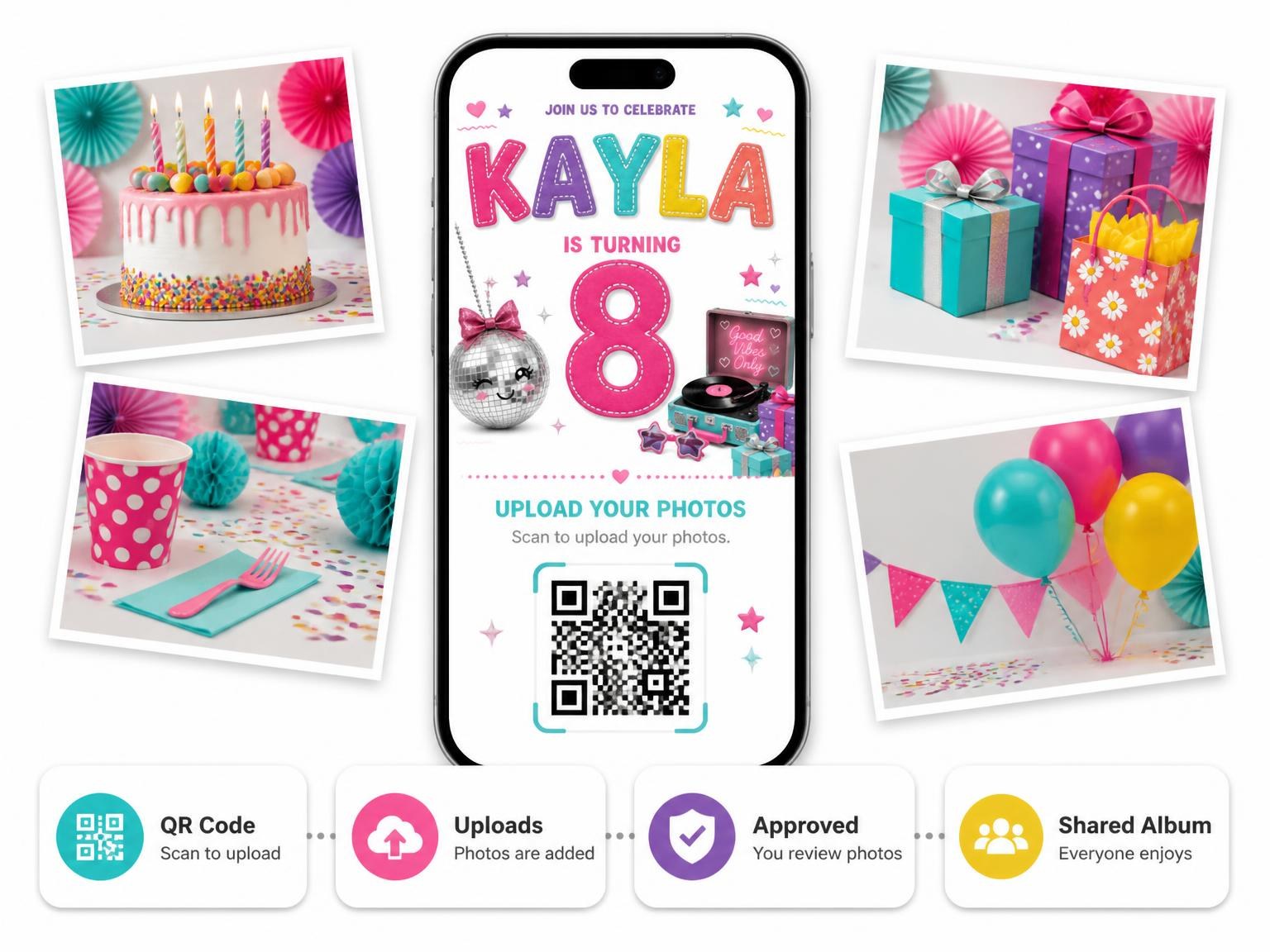 The shared photo gallery that comes with the Stitched Disco Ball 8th Birthday Invitation invitation