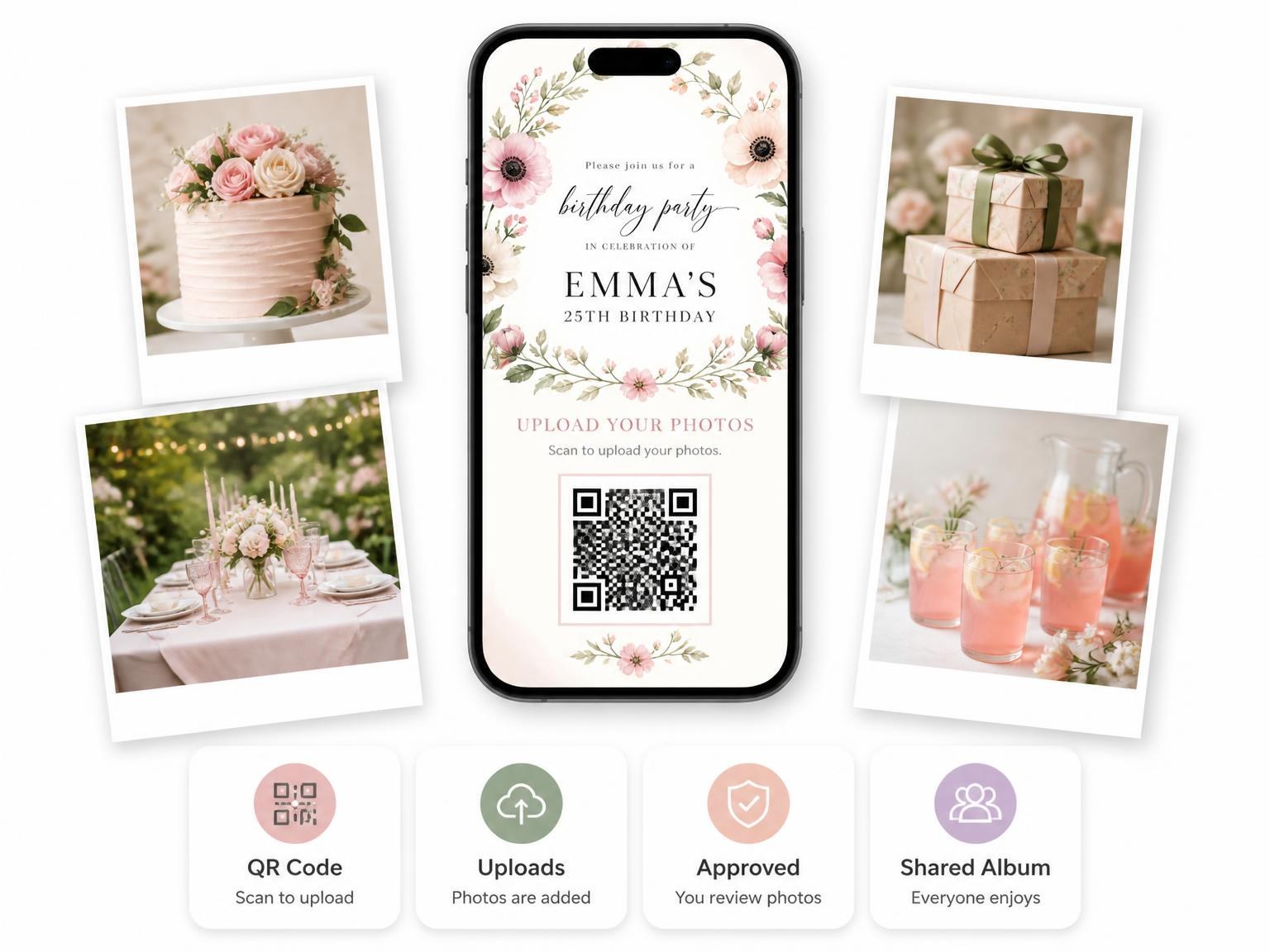 The shared photo gallery that comes with the Floral Wreath Blush 25th Birthday Invitation invitation