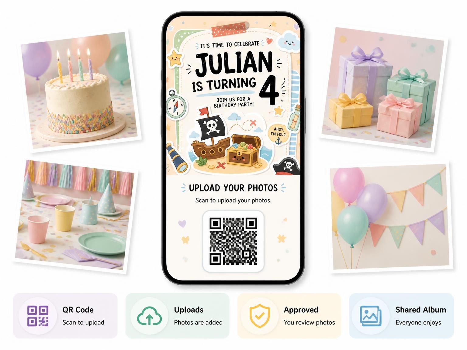 The shared photo gallery that comes with the Treasure Chest Pastel 4th Birthday Invitation invitation