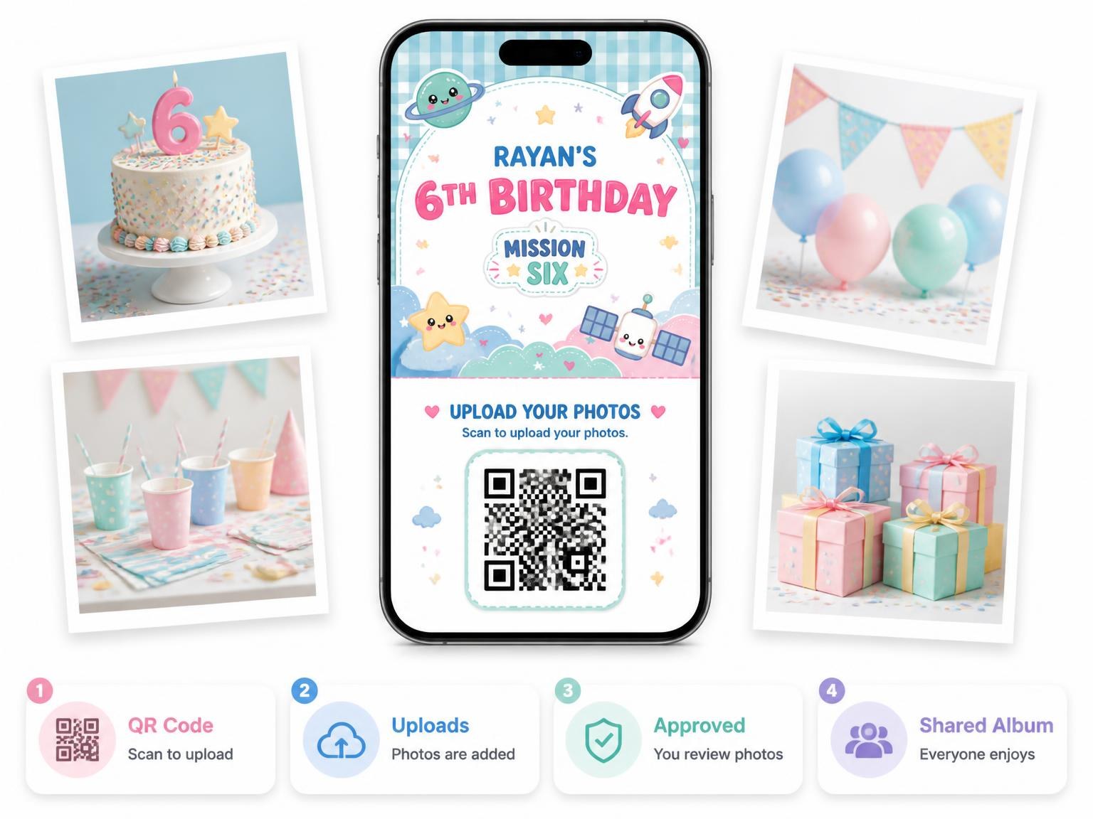 The shared photo gallery that comes with the Planet Kawaii Pastel 6th Birthday Invitation invitation